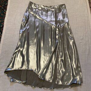 NWT, SZ M, Satin Asymmetrical Hem Midi Skirt, Silver